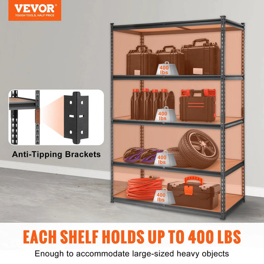 VEVOR Storage Shelving Unit, 5-Tier Adjustable, 2000 Lbs Capacity, Heavy Duty Garage Shelves Metal Organizer Utility Rack, Black, 48 L X 24 W X 72 H for Kitchen Pantry Basement Bathroom Laundry