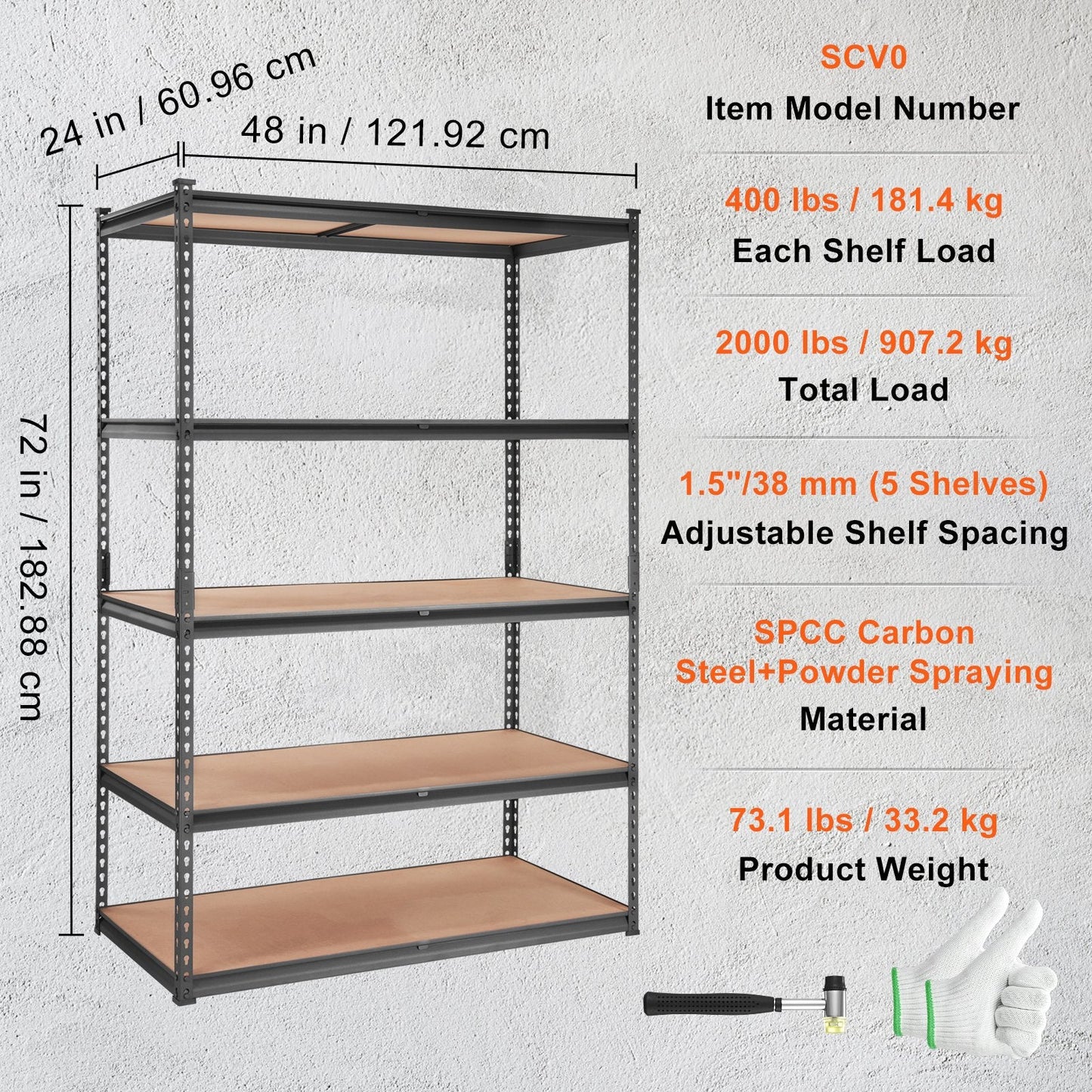 VEVOR Storage Shelving Unit, 5-Tier Adjustable, 2000 Lbs Capacity, Heavy Duty Garage Shelves Metal Organizer Utility Rack, Black, 48 L X 24 W X 72 H for Kitchen Pantry Basement Bathroom Laundry